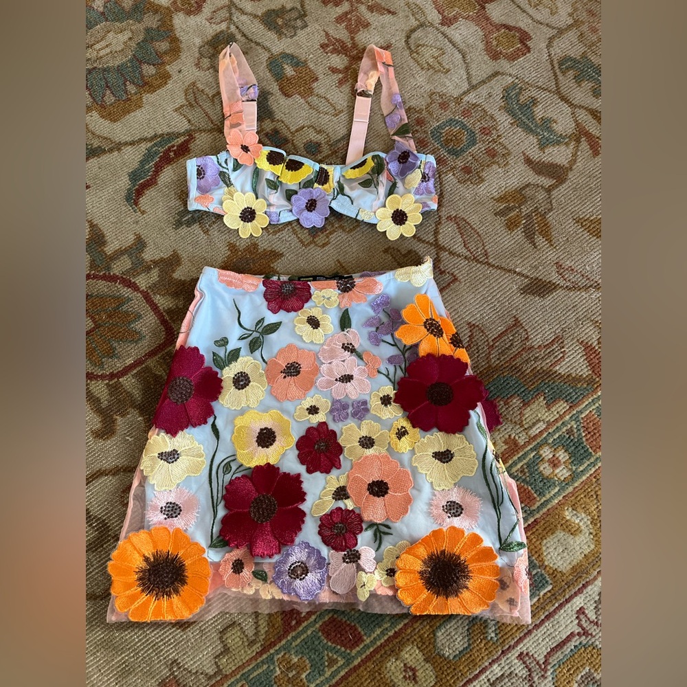 Like New: Finesse Addie Floral Embroidered Two-Piece Top & Skirt Set